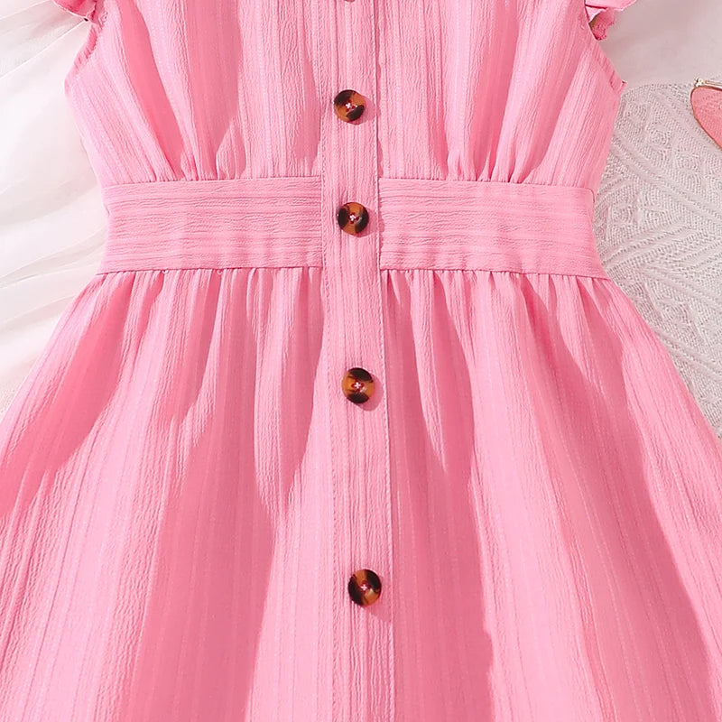 Kids Dresses for Girls 8-12 Years Pink Small Flying Sleeves V-Neck Dress 2024 New Summer Teenager Sweet Casual Daily Dress