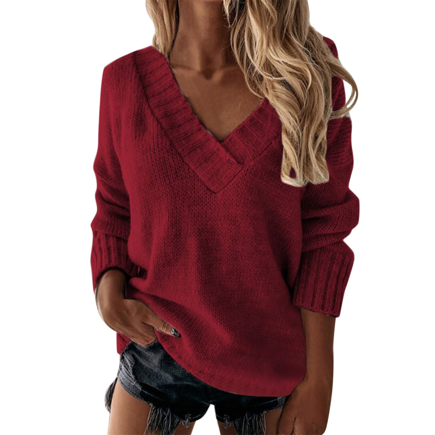 2023 Autumn Knitted Sweater Women Oversize Winter V Neck Thick Solid Color Pullover Long Sleeve Warm Sweaters Women Streetwear