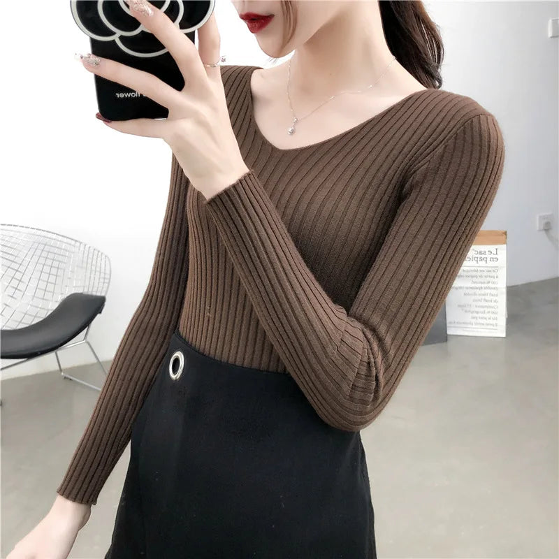 Autumn Winter Knitted V Neck Women Sweaters Casual Long Sleeve Pullover Soft Warm Sweater Femme Fashion Basic Solid Jersey Tops