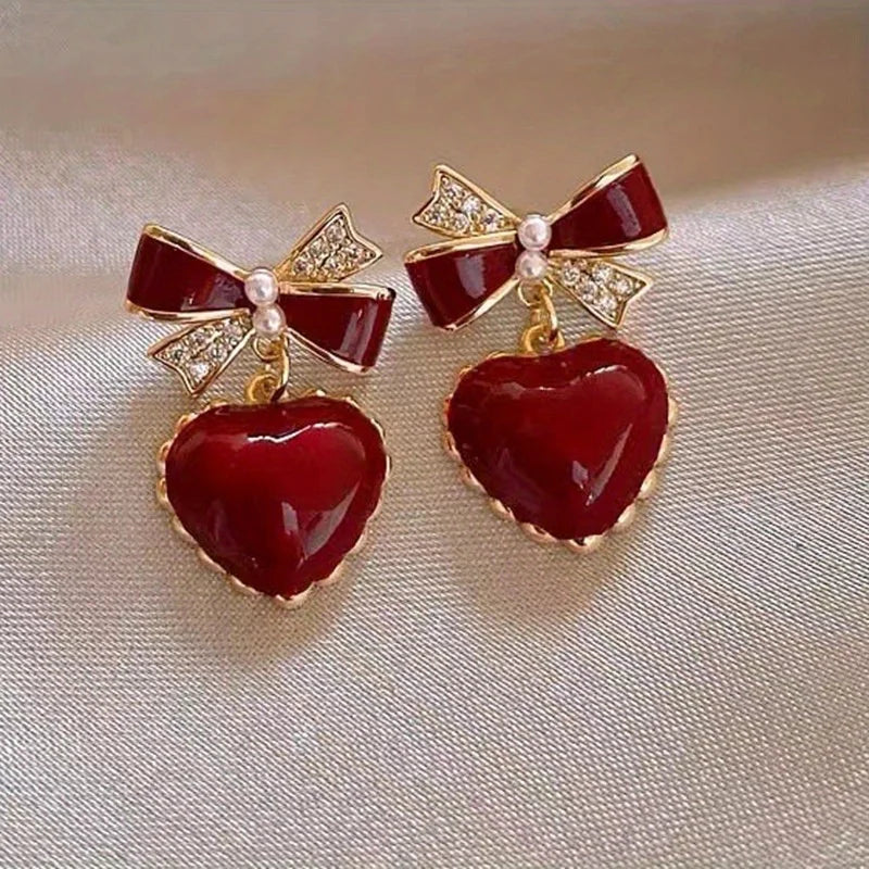 2pcs Fashion Creative Red Bow & Heart Shaped Dangle Earrings, Exquisite Party Commemorative Jewelry Gifts Beautiful Style Gifts