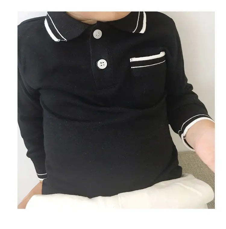 Boys Clothing Lapel Cotton Long Sleeve Spring New Korean Version Versatile Spliced Pocket Solid Color Kids Fashion Polo Shirt