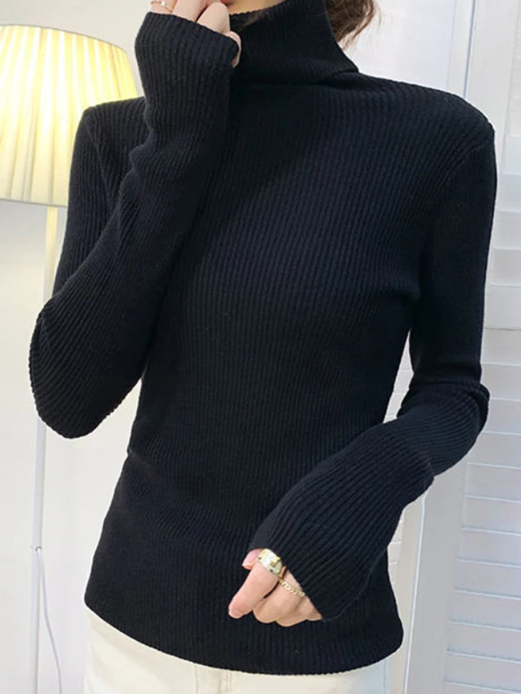 ZOKI New 2023 Women Pullover Turtleneck Sweater Autumn Long Sleeve Slim Elastic Korean Simple Basic Cheap Jumper Solid Color Top