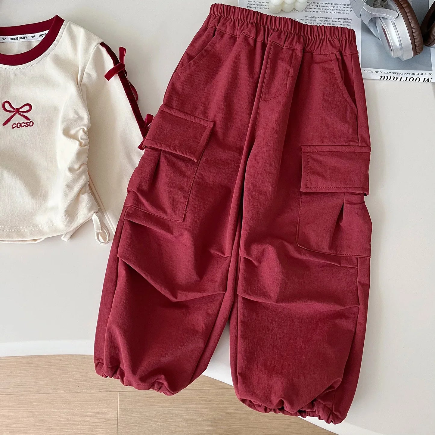 Autumn Girls Two-piece Set Printed Bow Waist Top+Solid Color Cargo Pants Toddler Girl Clothes  Kids  Kids Clothes Girls