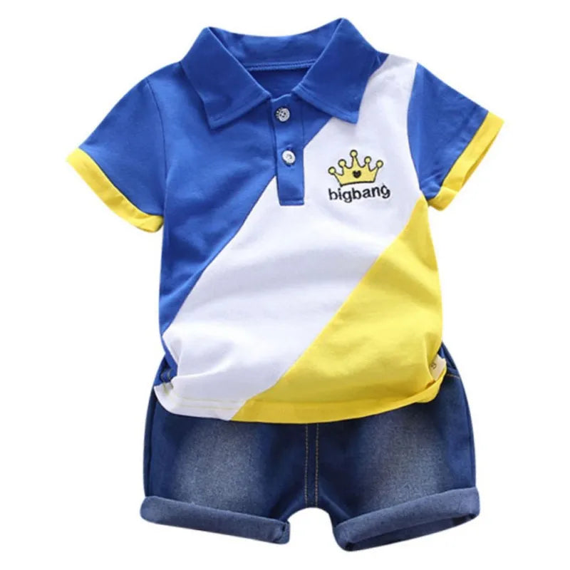 Boys Summer Shorts Set Lapel Patchwork Crown Short Sleeve Denim Shorts Two-Piece Set 0-6 Years Old Boys Children's Sets