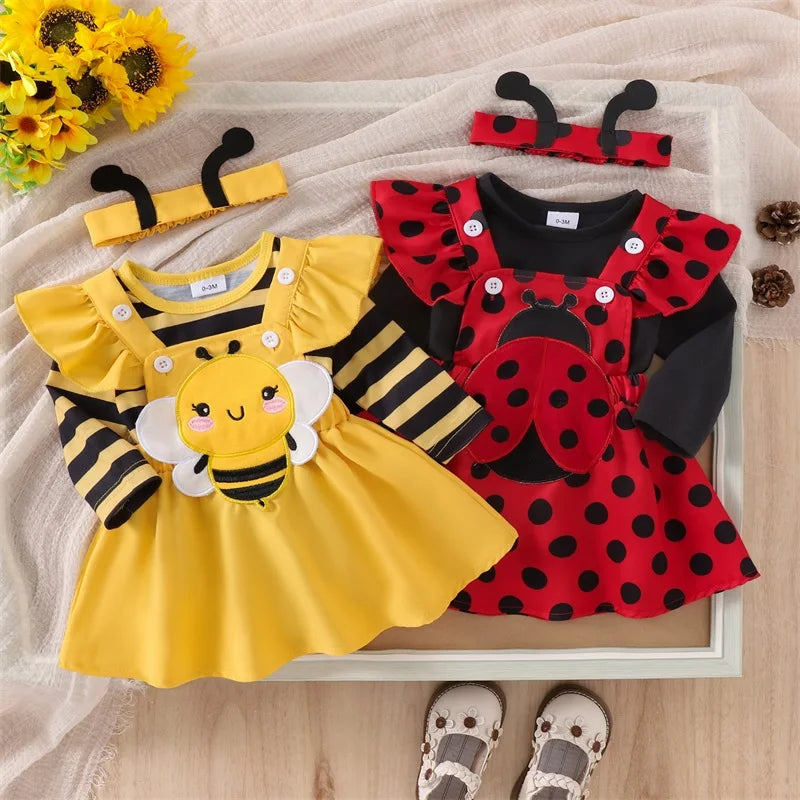 Newborn Baby Girl Halloween Outfit Long Flying Sleeve Romper Bee Suspender Skirt Dress Cute Baby Girl Fall Winter Clothes