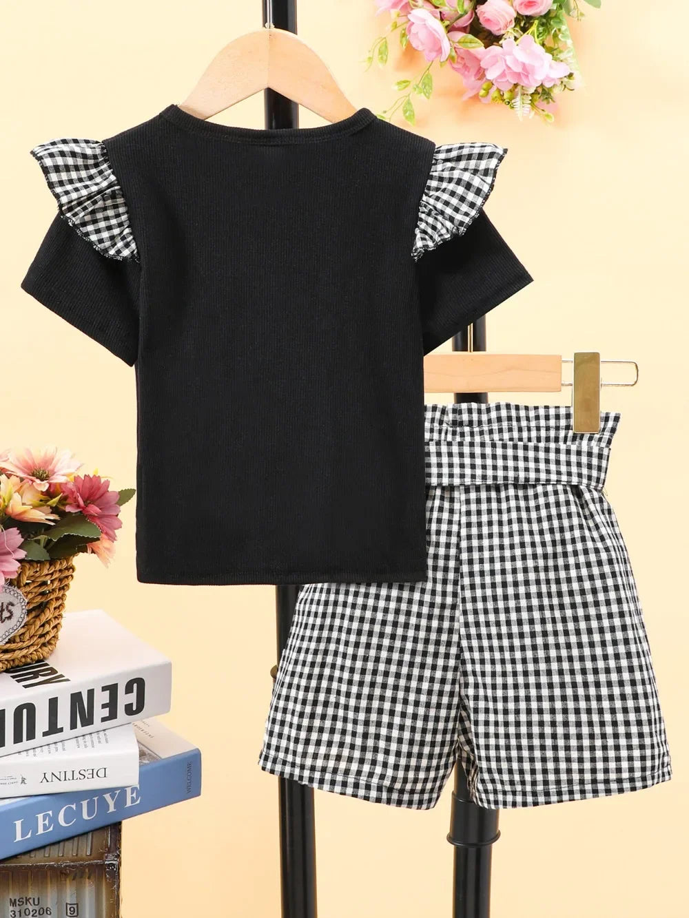 Summer Plaid Set Kids Girl Clothes Short Sleeve T-shirt Plus Short Plus Belt 3 To 7 Years Old Fashion Casual Cute Kids Set