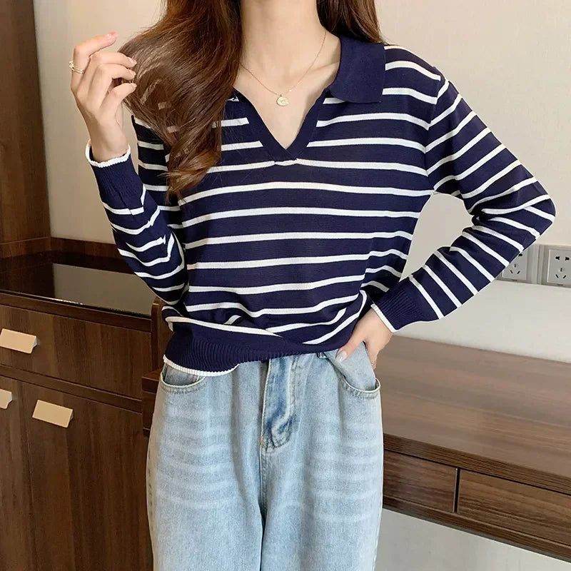 Women's Striped V-neck Pullover Polo Sweater Early Autumn All-match Tops Long-sleeved Knitted Bottoming Sweaters Jumpers New