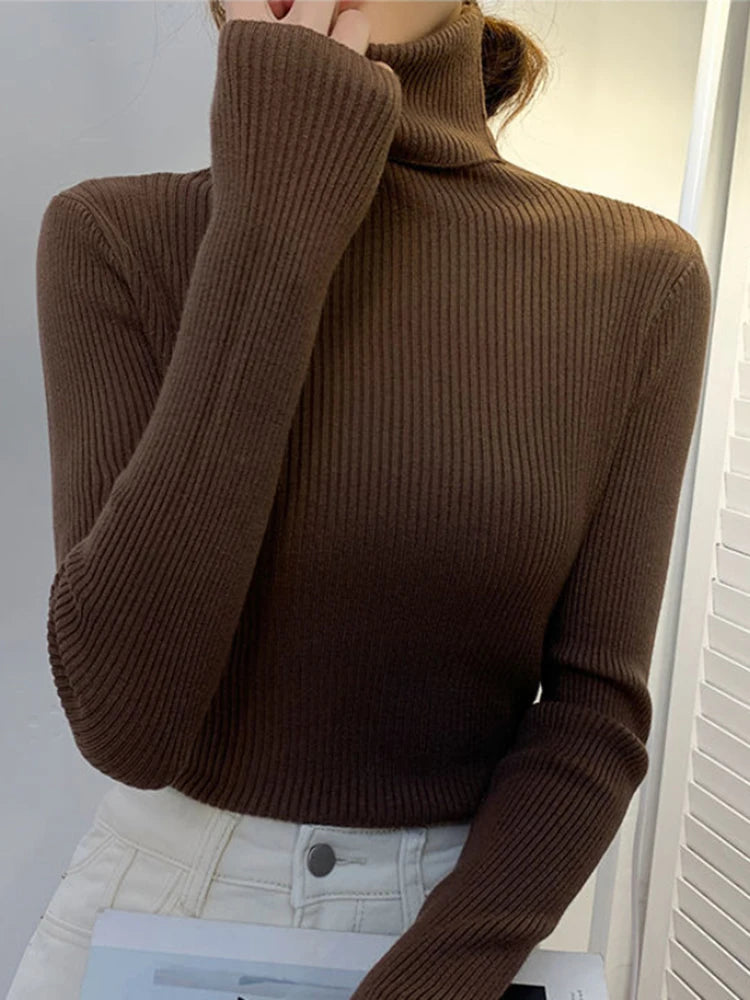 ZOKI New 2023 Women Pullover Turtleneck Sweater Autumn Long Sleeve Slim Elastic Korean Simple Basic Cheap Jumper Solid Color Top