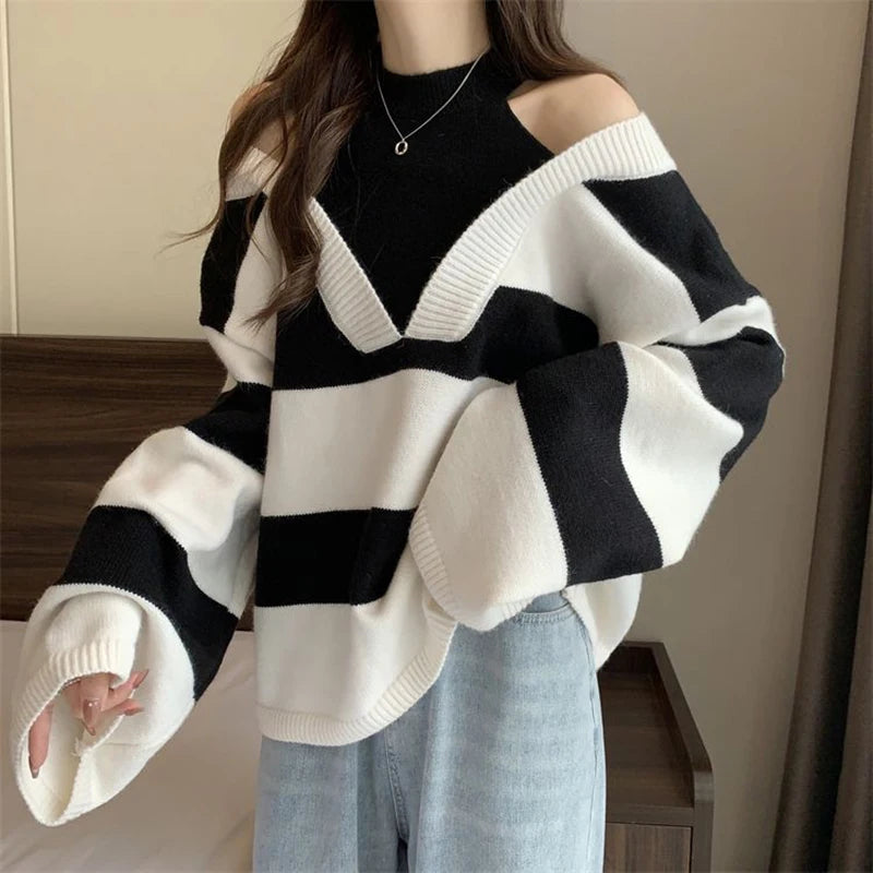 Y2K Stripe Halter Women Sweaters Korean Knitted Loose Patchwork Female Pullovers Autumn Preppy Style All Match Chic Ladies Tops