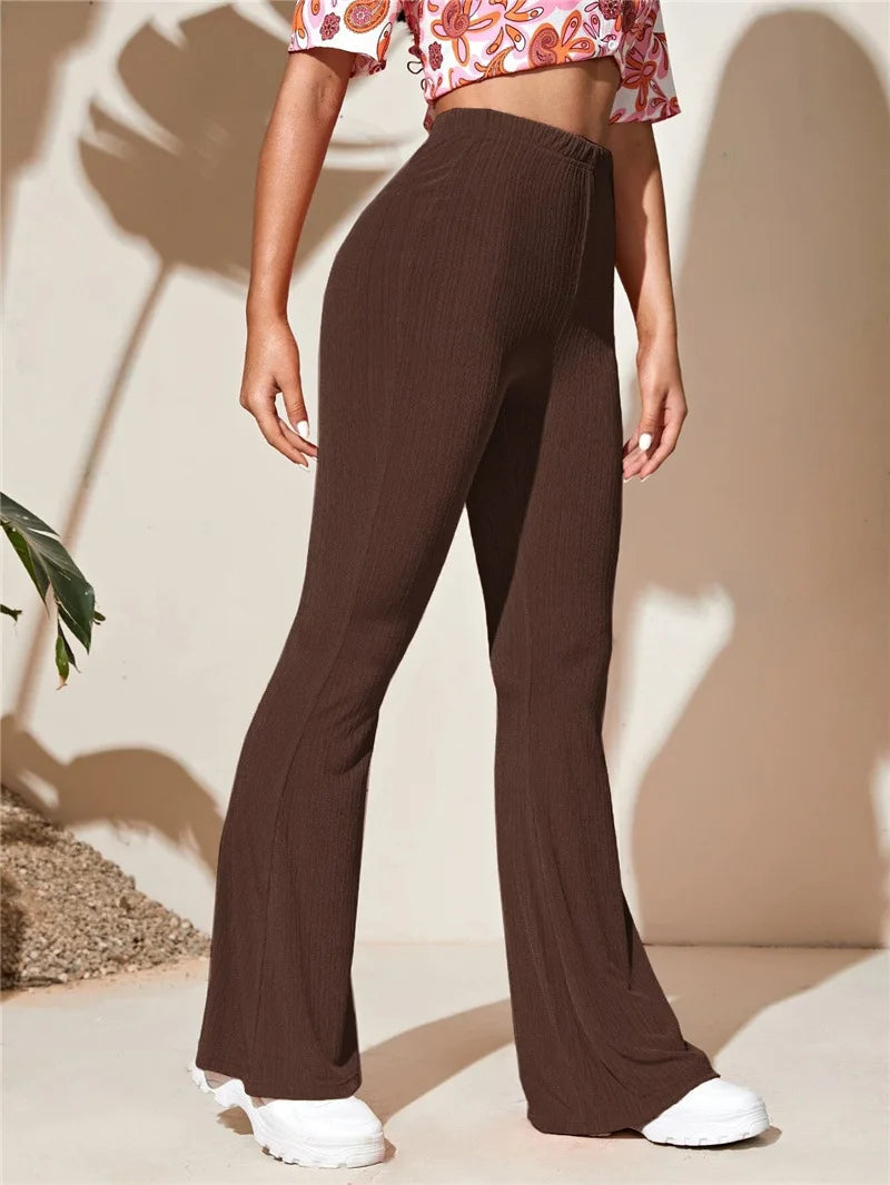 5-Solid Color Tight Flared Pants Women Elastic Long Pants Spring Autumn Y2K Bell-Bottoms Trousers