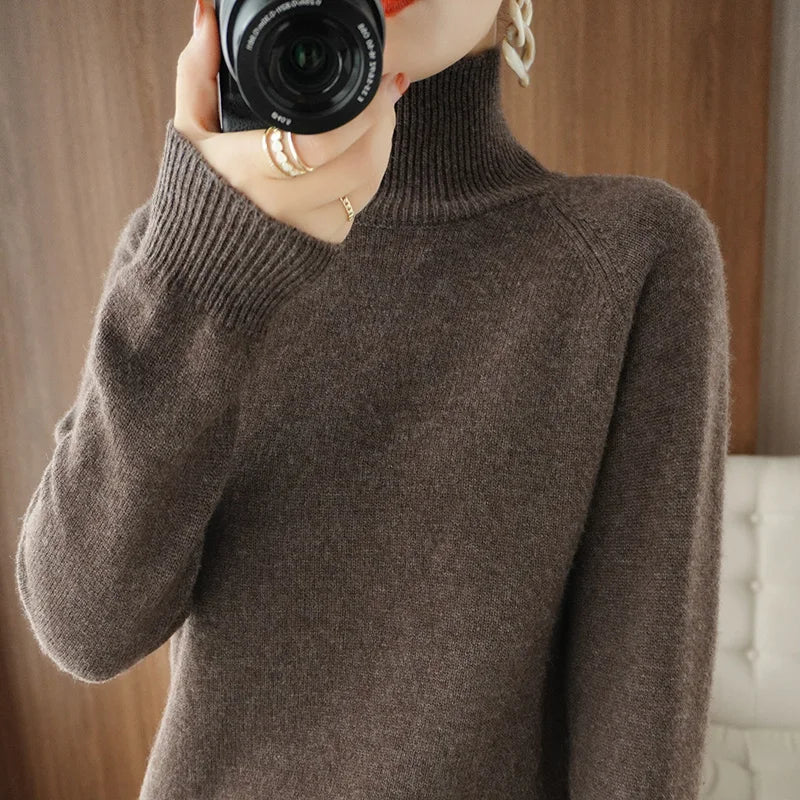 Turtleneck Merino Wool Pullover Basic Casual Cashmere Sweater Comfort Autumn Winter Women's Raglan Sleeve Clothing Tops