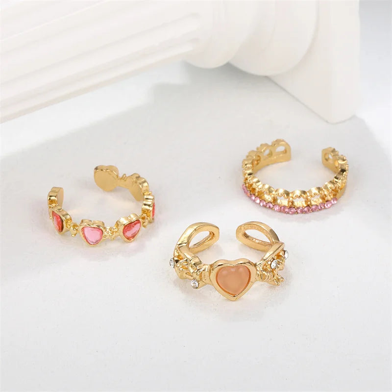 3pcs Fashion Love Heart Zircon Open Rings Set for Women Gothic Sweet Girls Geometric Finger Rings Y2K Party Jewelry Accessories