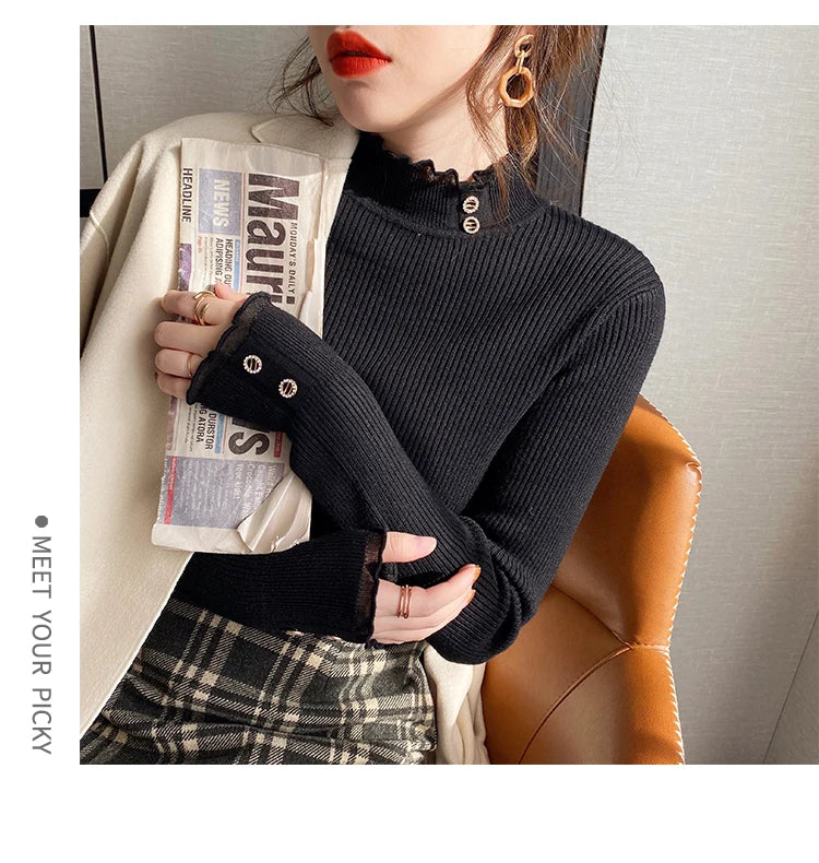 2024 Knitted Women Sweater O-neck Button Pullovers Spring Autumn Basic Sweaters for Female Pullover Slim Solid Bold Lace Tops