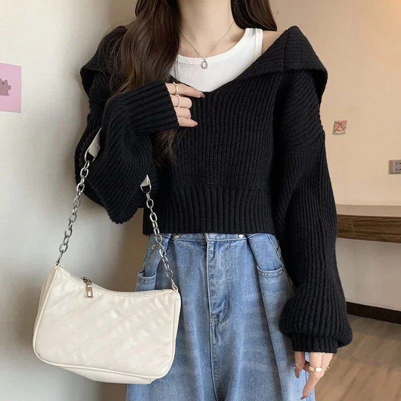 Long Sleeve Cropped Sweater Women Autumn Winter Turn Down Collar Knitted Jumper Woman Korean Style Solid Color Jerseys