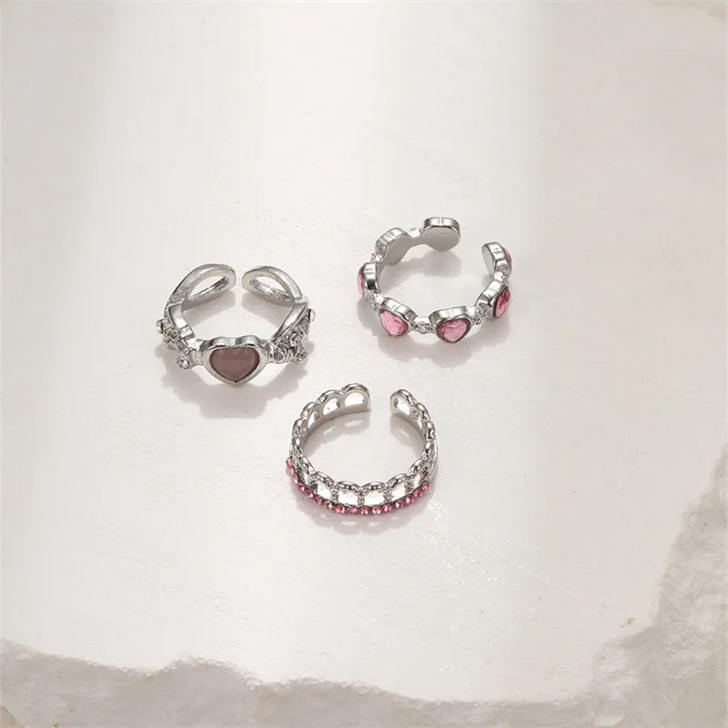 3pcs Fashion Love Heart Zircon Open Rings Set for Women Gothic Sweet Girls Geometric Finger Rings Y2K Party Jewelry Accessories