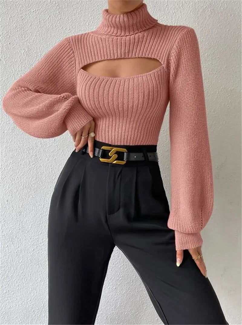 Chest Hollowed-out Sexy Sweater Design Sexy Loose Matching Sweater Fall Winter Turtleneck Hollowed-out Sweater Women Wear Top