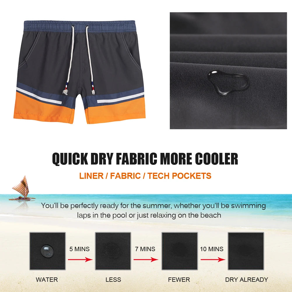 Beach Pants Summer New Style Men's Swim Shorts Pocket Mens Swimming Shorts Quick Dry Beach Trunks Swimwear with Mesh Lining