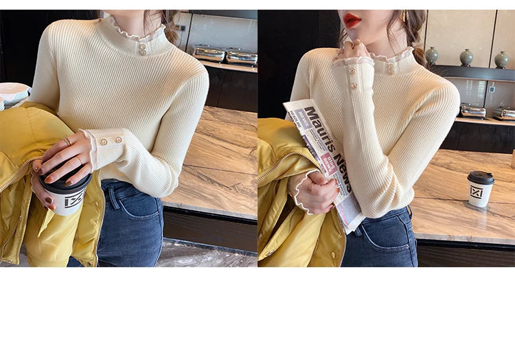 2024 Knitted Women Sweater O-neck Button Pullovers Spring Autumn Basic Sweaters for Female Pullover Slim Solid Bold Lace Tops