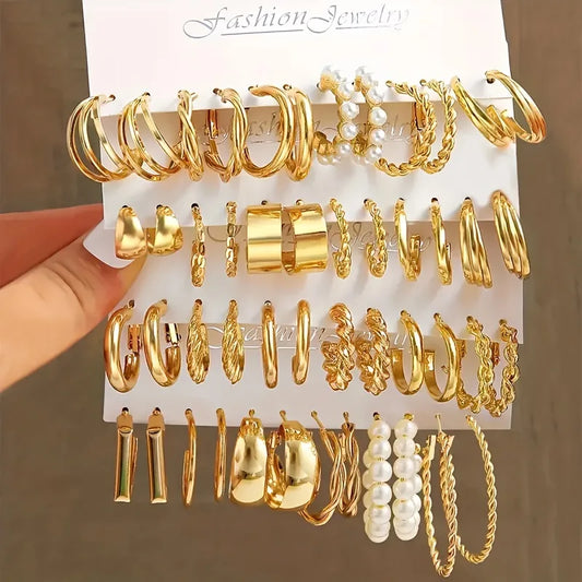 18Pcs Of Suit Women Earrings C Shaped Geometric Fake-pearl Fashion Metal Earrings Atmospheric Queuing Alloy Of Gold-color Trendy