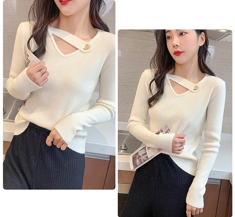 Hollow-out V-neck Women's Sweater Autumn Winter Knitted Pullovers Slim Bottoming Solid Soft Knitwear Jumpers Basic Sweaters 2024