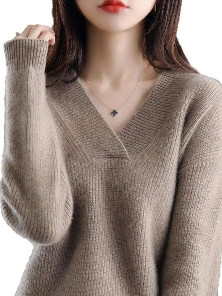 V-Neck Autumn Winter Sweater pullovers Women 2024 loose thick cashmere Sweater Pullover women oversize sweater jumper