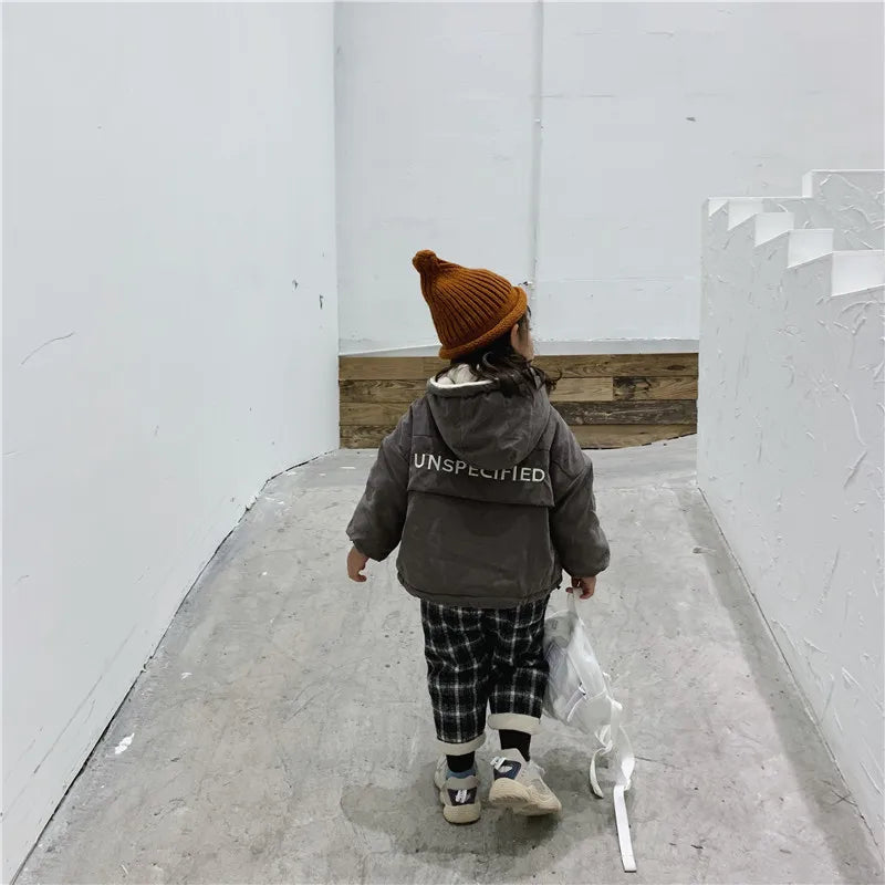 Kids Autumn Clothes 2023 Jacket for Girls Winter Clothes Boys Velvet Hooded Letter Printed Coat Baby Thick Children Outerwear