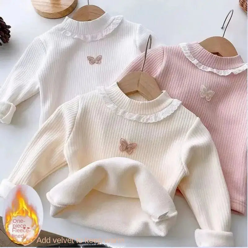 Toddler Baby Girl Velvet Warm Tops Children Turtleneck Butterfly Sweater Shirts 1-13Years Children Base Tops in Pink Beige 6 8 9