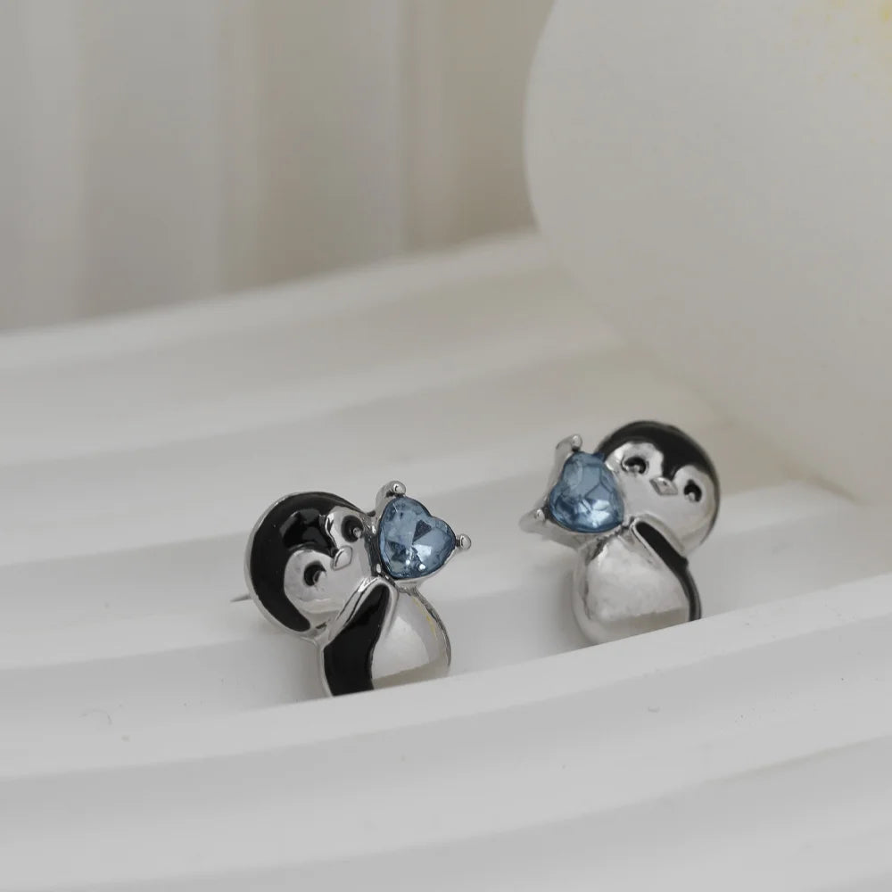 Cute Little Penguin Blue Heart Stud Earrings, Cool Party Jewelry, Valentine's Day Gift for Women Mom Family Friends Anniversary