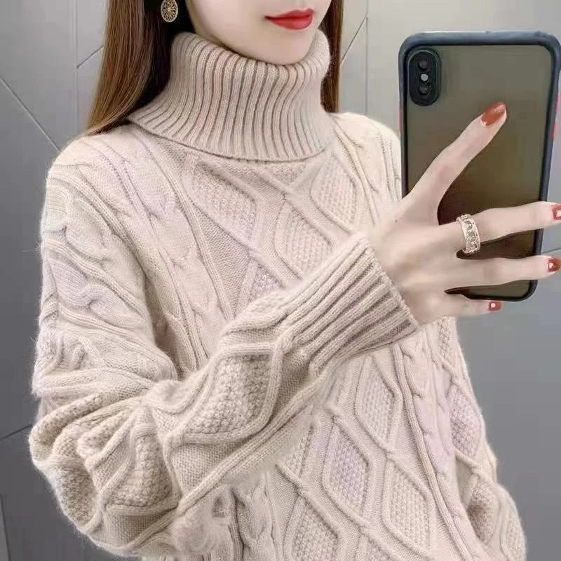 Women's Turtleneck Sweater Fall Winter New Loose Warm Knit Pullover Tops Candy Colors Knitwear Jumper Korean Soft Casual Poleras