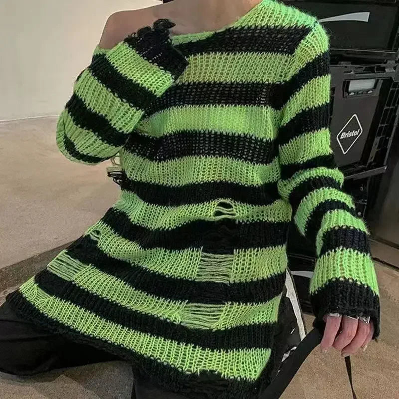 Autumn Punk Gothic Top Long  Unisex Sweater Women Striped Cool Hollow Out Hole Broken Jumper Loose Rock Thin Dark Streetwear