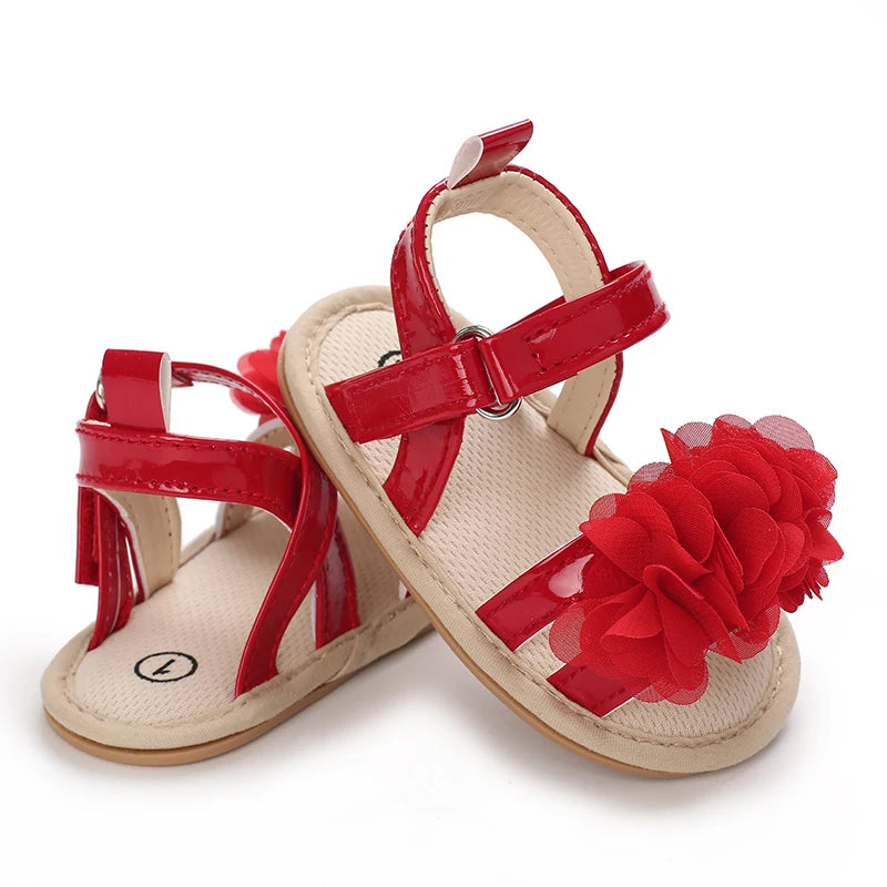 Summer baby girl sandals red festive and cute flower baby shoes soft rubber soles comfortable and casual baby walking shoes