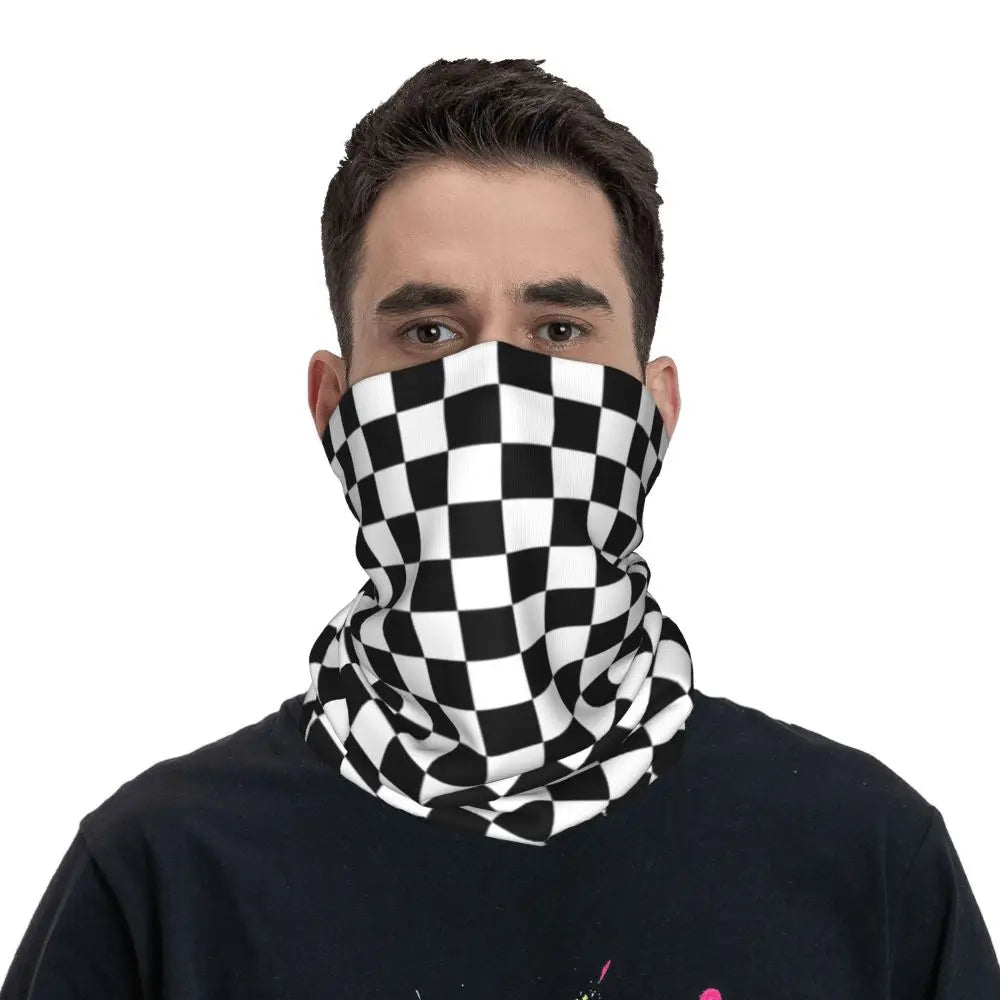 Colorful Geometric Checkered Black And Blue Bandana Neck Cover Printed Racing Moto Motorcycle Wrap Scarf Warm Face Mask Riding