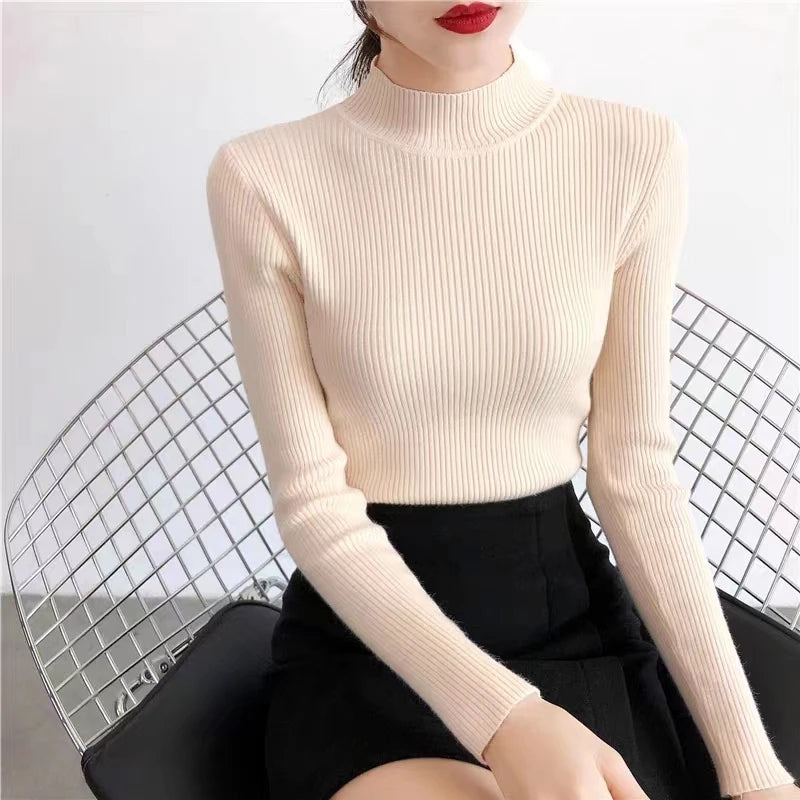 Autumn High Collar Long Sleeve Skinny Elastic Casual Tops Bottoming Sweater Women Basics Knitted Shirts Warm Knitwear Pullovers