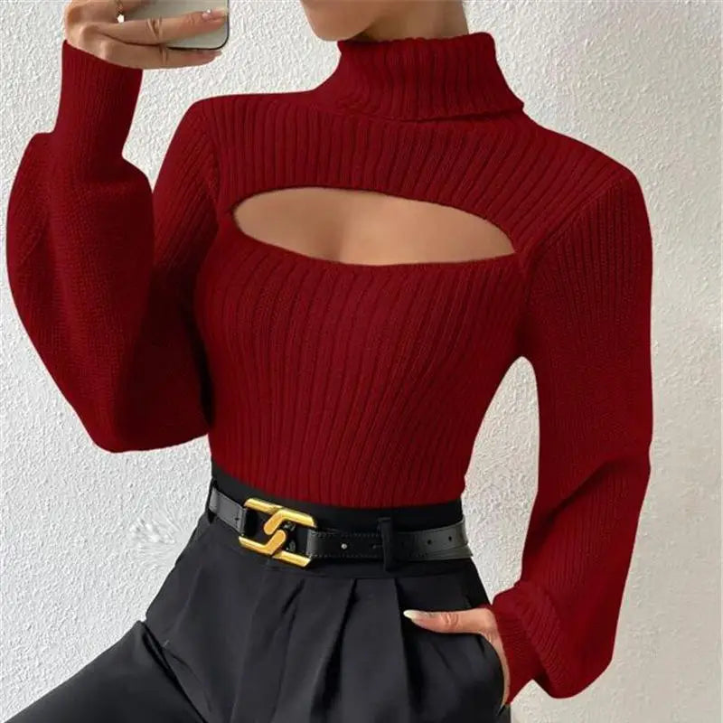 Chest Hollowed-out Sexy Sweater Design Sexy Loose Matching Sweater Fall Winter Turtleneck Hollowed-out Sweater Women Wear Top