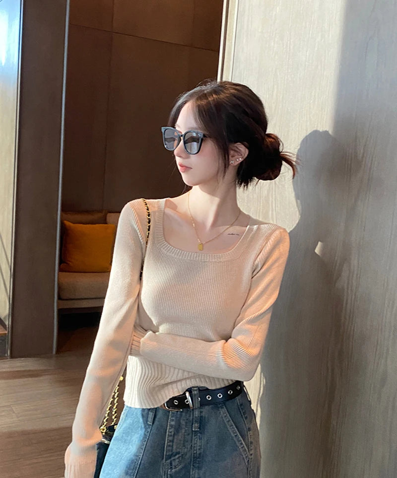 Autumn Winter Fashion Sweater Slim Knitted Pullover Women Square Collar Soft Solid Jumper Casual All Match Female Tops 2024 New