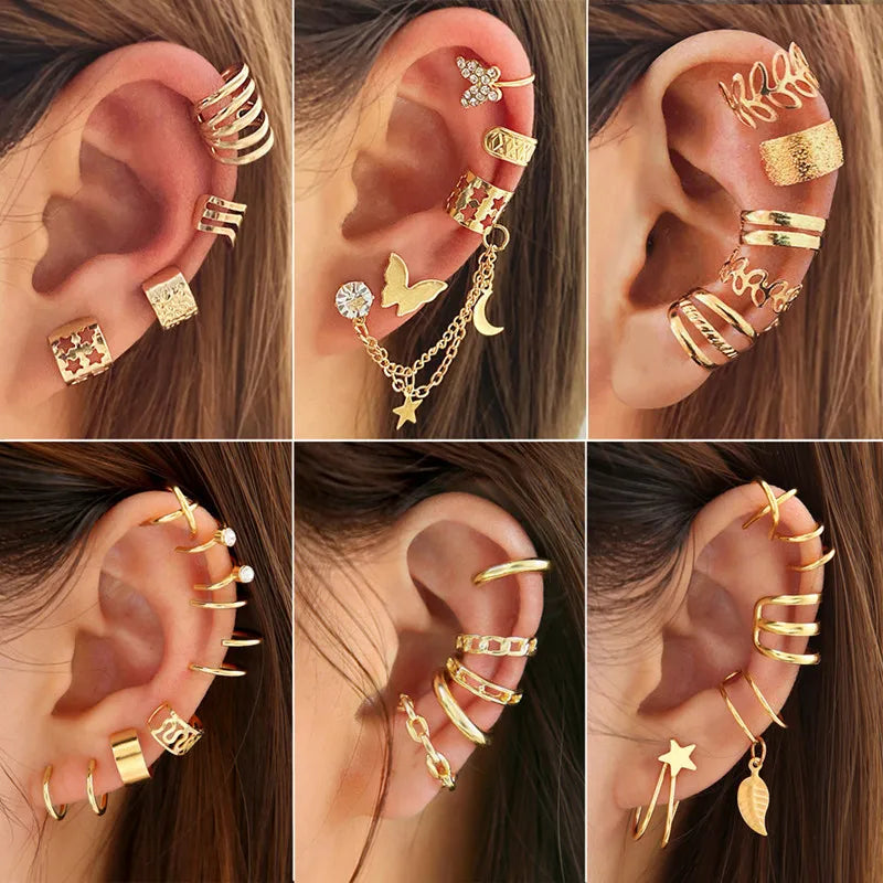 Gold Silver Color Leaves Clip Earrings for Women Creative Simple C Butterfly Ear Cuff Non-Piercing Ear Clip Set Trendy Jewelry