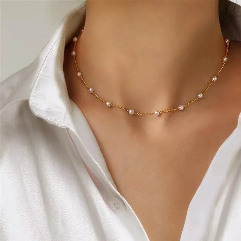 2024 New Beads Women's Neck Chain Kpop Pearl Choker Necklace Gold Color Goth Chocker Jewelry On The Neck Pendant Collar For Girl