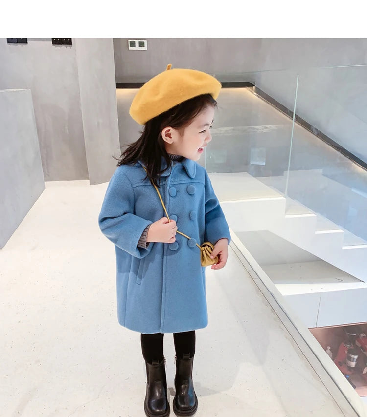 1-7 Years Girls Wool Coats New Fashion Korean Version Long Kids Jacket Spring Autumn Double Breasted Children Outerwear Clothing