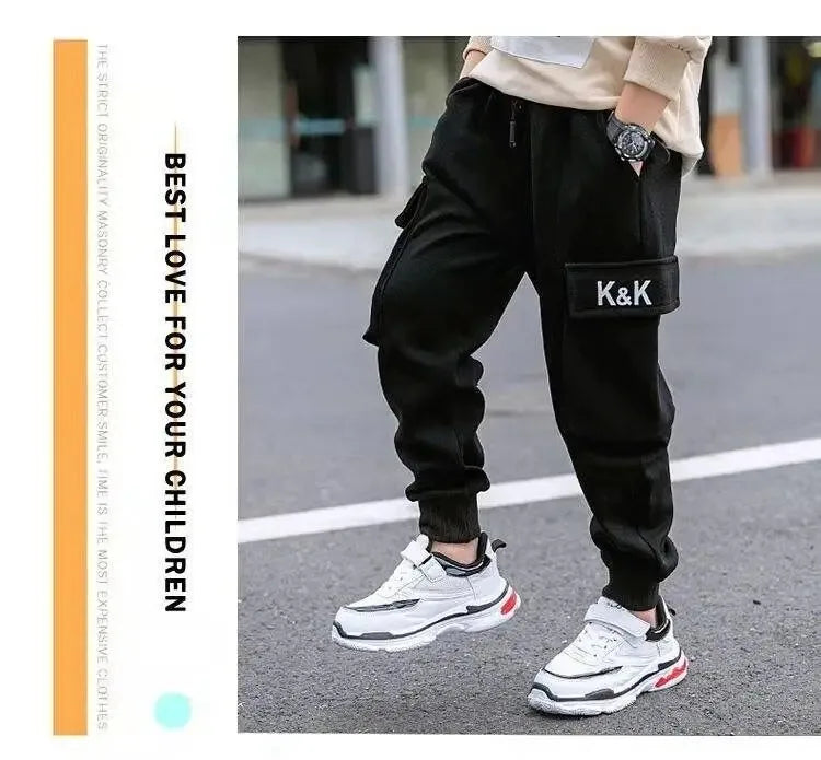 2024 Autumn Boys Pants Letter Print Cotton Sweatpants Casual Korean Cargo Pants Fashion Teenage Kids Sport Multi-pocket Pants