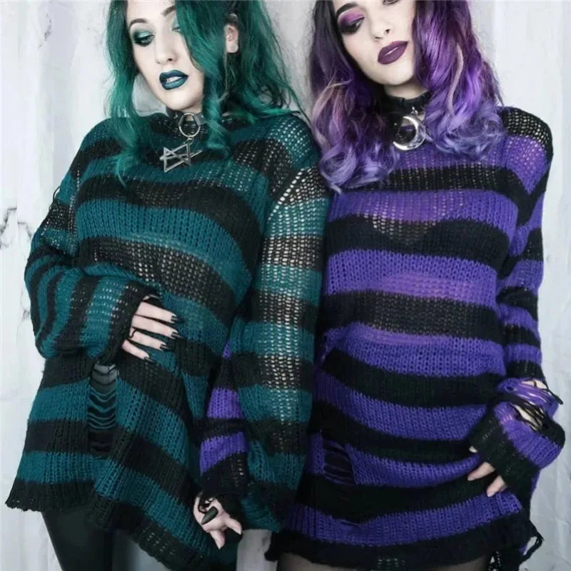 Autumn Punk Gothic Top Long  Unisex Sweater Women Striped Cool Hollow Out Hole Broken Jumper Loose Rock Thin Dark Streetwear