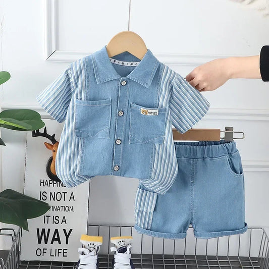 New Children Fashion Boys Denim Clothing Sets Casual Striped Shirts Shorts 2pcs Kids Outdoor Suit Toddler Suit 0-5 Years