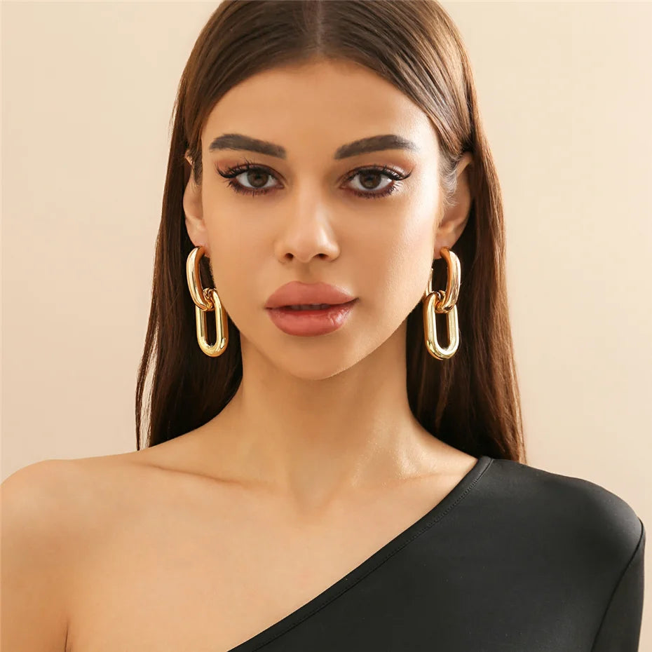 Ingemark Vintage Geometric U-Shape Link Drop Earrings Women Trendy Punk Metal Round Circle Piercing Earrings Jewelry Accessories