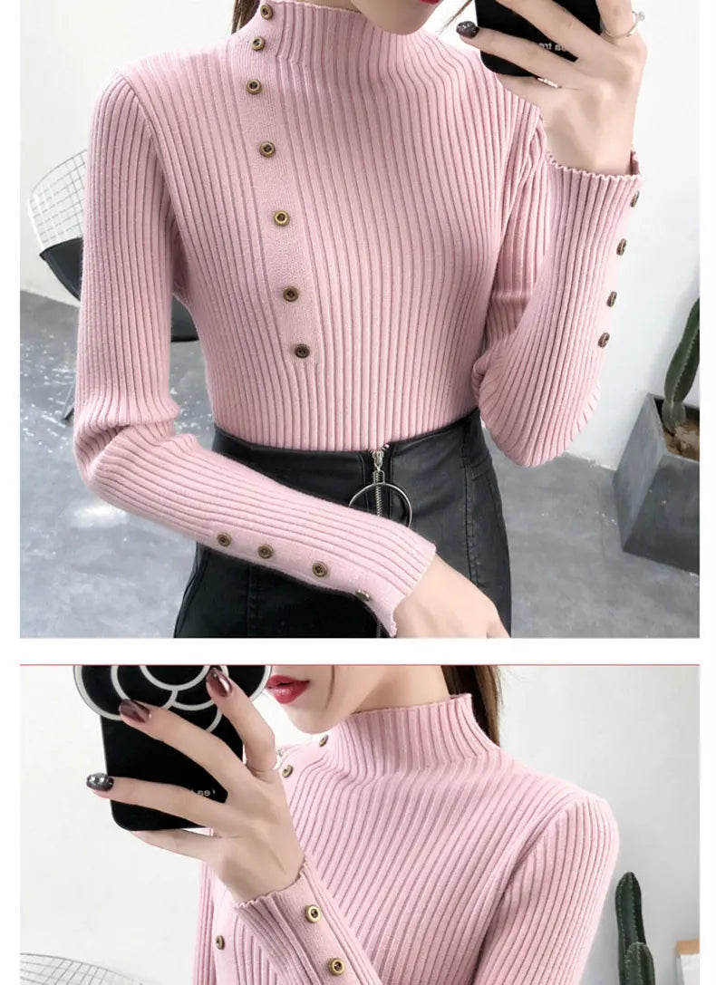 2024 Women Autumn Knitted Slim Sweaters Solid Knitted Female Cotton Soft Elastic Color Pullovers Button Full Sleeve Turtleneck