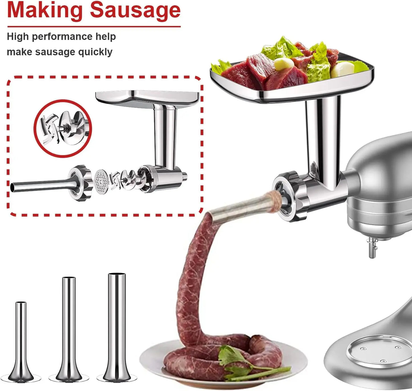 Meat Grinder Attachment for Kitchenaid Stand Mixer, Stainless Steel Kitchenaid Meat Grinder Attachment with 3 Sausage Stuffer