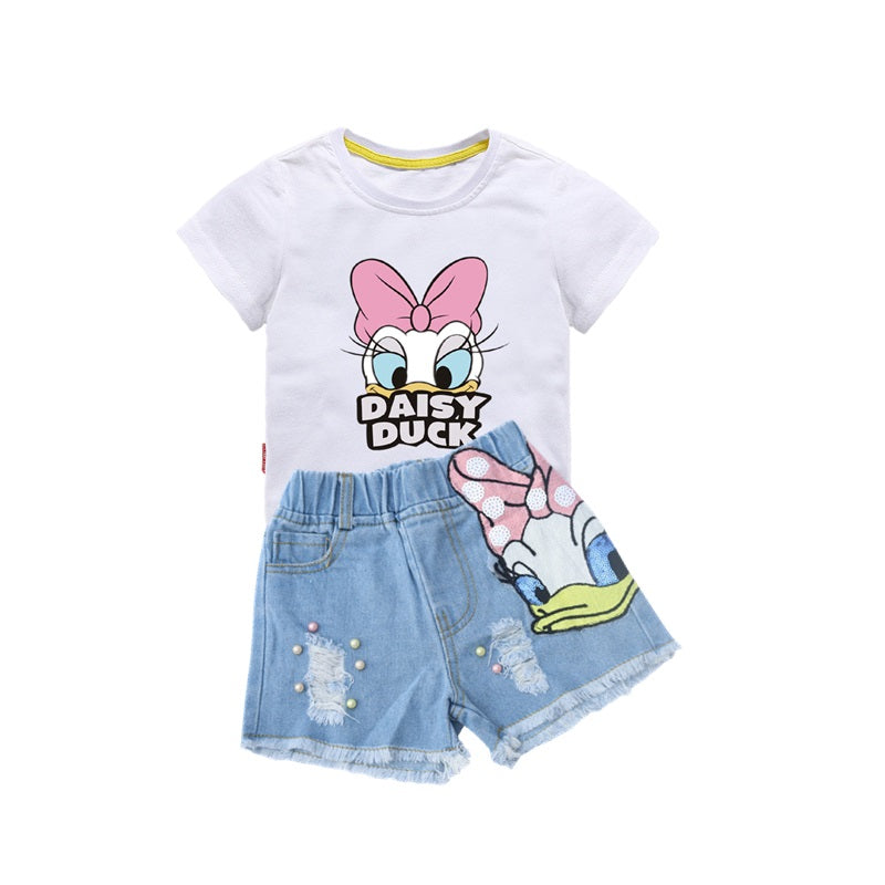 Summer Girls Fashion Sets Sequins Embroidery Broken Hole Pearl Denim Shorts Sleeve Donald Duck Little Kids Clothes Outfits