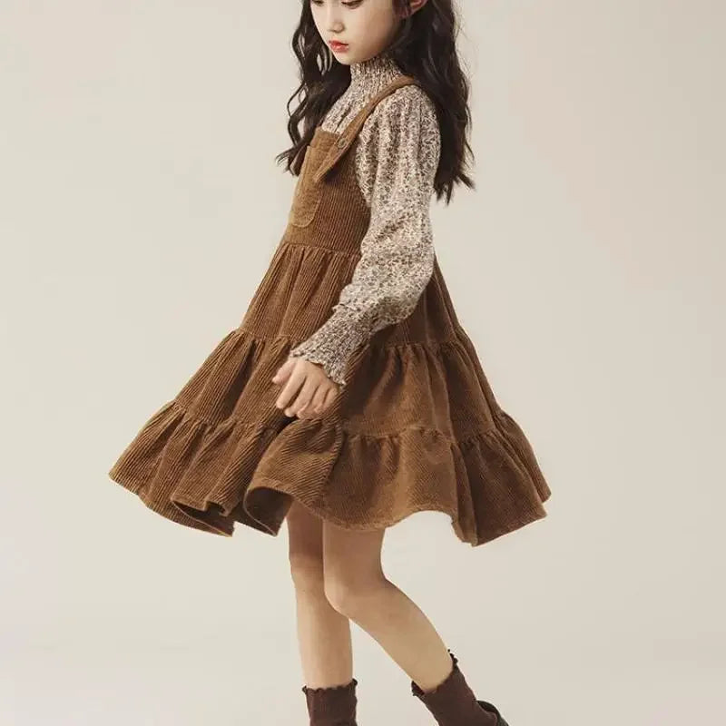 Autumn Children's Girls Daisy Printed Full Sleeve Tshirts and Flannel Suspenders Dress Set Elegant Lolita Spring Clothes