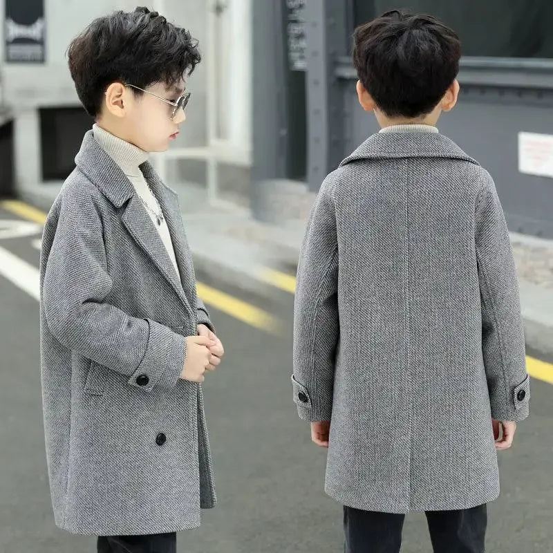 Boy's thousand-bird check coat 2024 autumn  winter new Zhongda children's woolen plus fleece thick coat trench coat for children