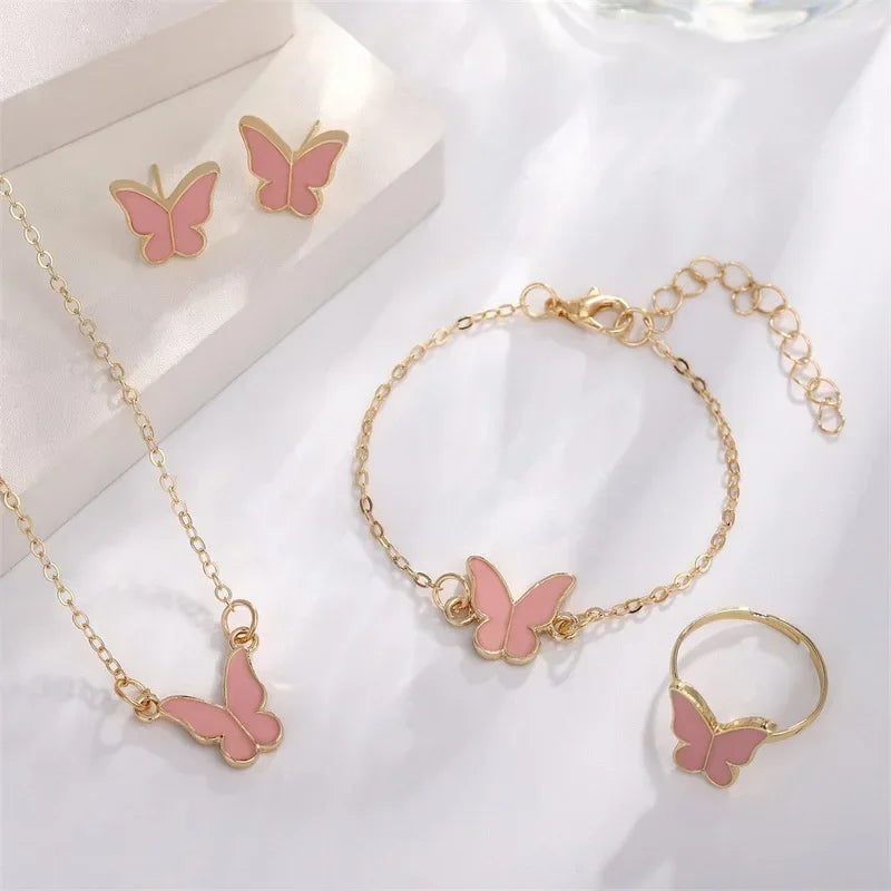 4Pcs Butterfly Jewelry Sets Pink White Romantic Bracelet Ring Necklace Earrings Set Wedding Dress Accessories Women Xmas Gift