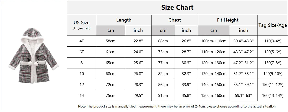 4-15 Year Children Outwear Winter for Girl Plaid Thicken Woolen Jacket Coat Teenage Kids Outfits Wool Long Outerwear Warm Fleece