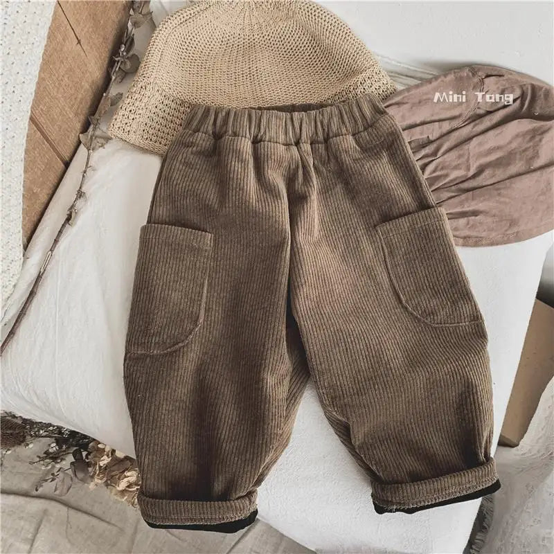 Winter Plush Warm Kids Pants 2024 Korea Style Children's Clothing Corduroy Plush Thick Warm Casual Pants for Boys Girls